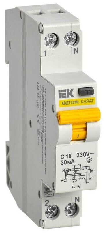 Выключатель автоматический дифференциального тока С 16А 30мА АВДТ32МL KARAT, IEK MVD12-1-016-C-030 (1 шт.)
