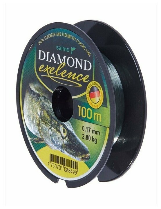 Леска монофильная Salмo Diaмond EXELENCE диаметр 017 тест 28 кг 100 м зелёная