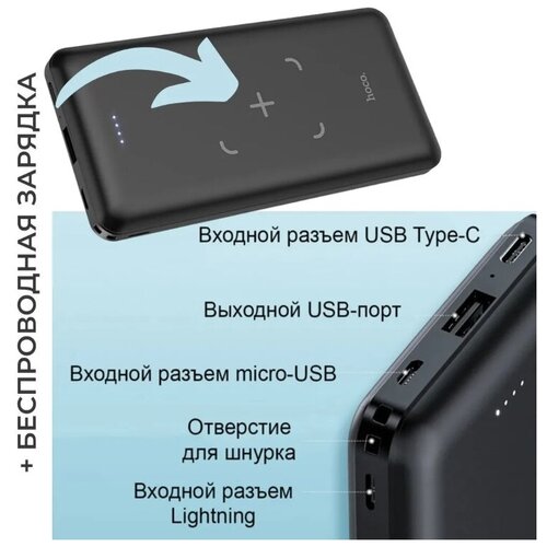 Внешний аккумулятор с беспроводной зарядкой Hoco J50 Surf wireless charging mobile power bank 10000mAh Черный 119900₽