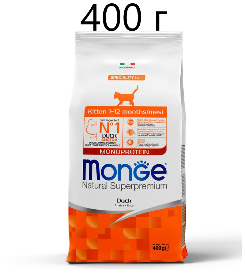 Сухой корм Monge Cat Speciality Line Monoprotein для котят и беременных кошек, из утки 400 г - фотография № 1