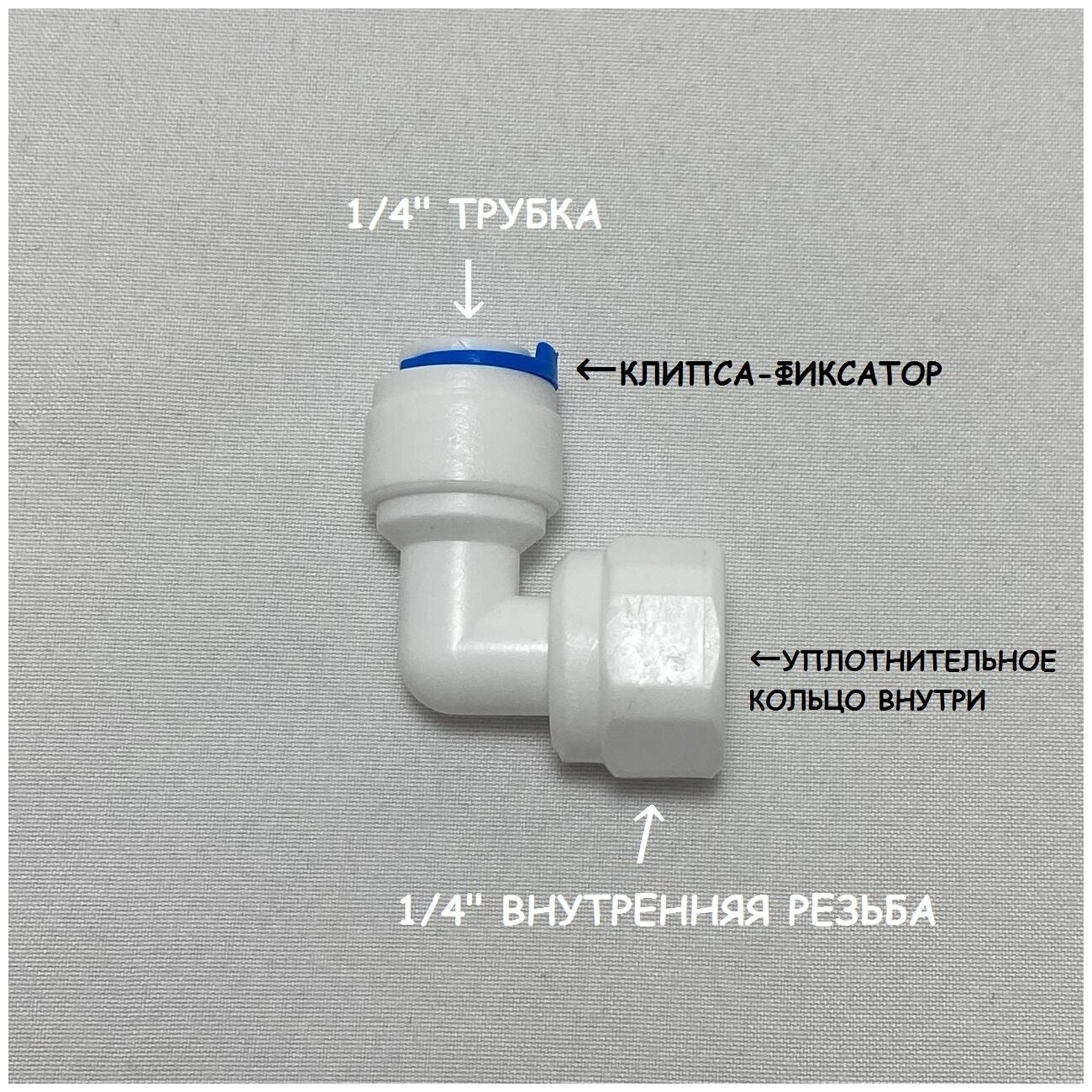 Фитинг угловой для фильтра (1/4" внутренняя резьба - 1/4" трубка) из пищевого пластика