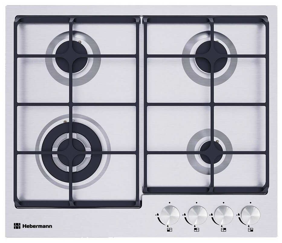 Газовая варочная панель Hebermann HBGS 604.1 X, ширина 60 см, нержавеющая сталь, 4 конфорки, 8000 Вт