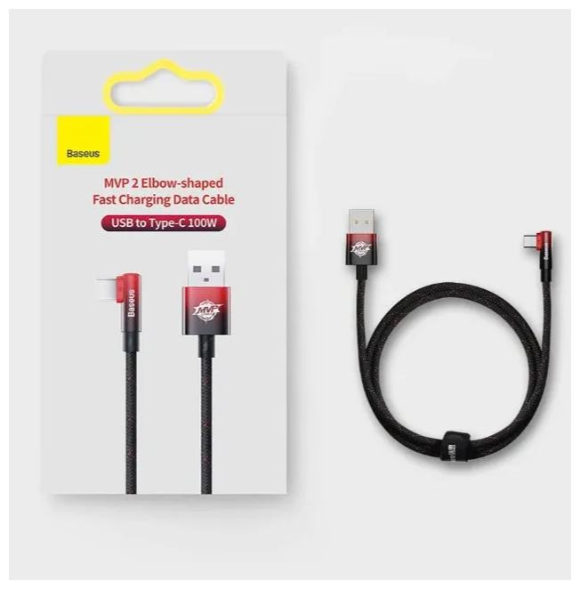 Кабель для игр Baseus MVP 2 Elbow-shaped Fast Charging Data Cable, USB to Type-C, 100 Вт, 2 м, Черный+Красный, CAVP000520