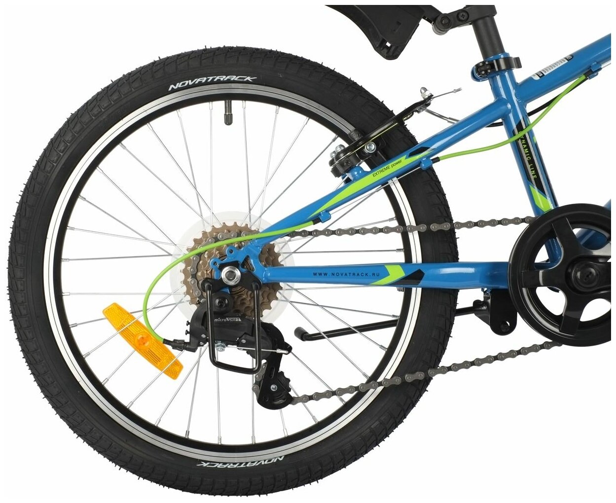 Велосипед NOVATRACK EXTREME 20" (2021) (Велосипед NOVATRACK 20" EXTREME синий, сталь, 6 скор, Shimano TY21/Microshift TS38, V- brake тормо)