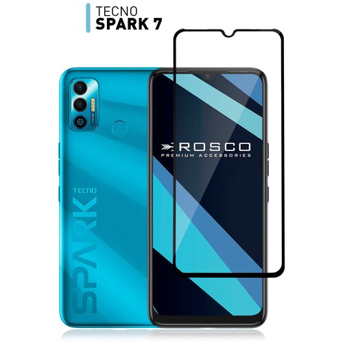 ROSCO/ Ударопрочное защитное стекло для Tecno Spark 7 (Техно Спарк 7). Стекло закалённое с олеофобным покрытием (легко наклеить), с черной рамкой