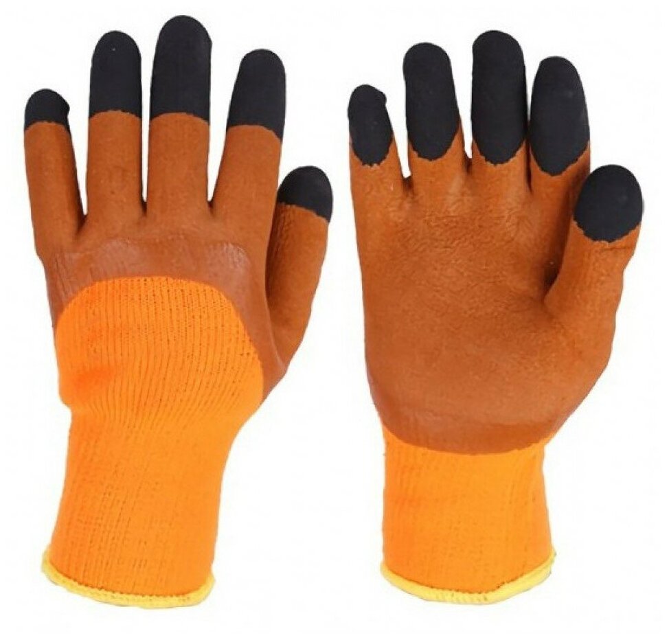 Перчатки утепленные акриловые со вспененным латексным покрытием 3 пары, оранжево-коричневые - фотография № 5