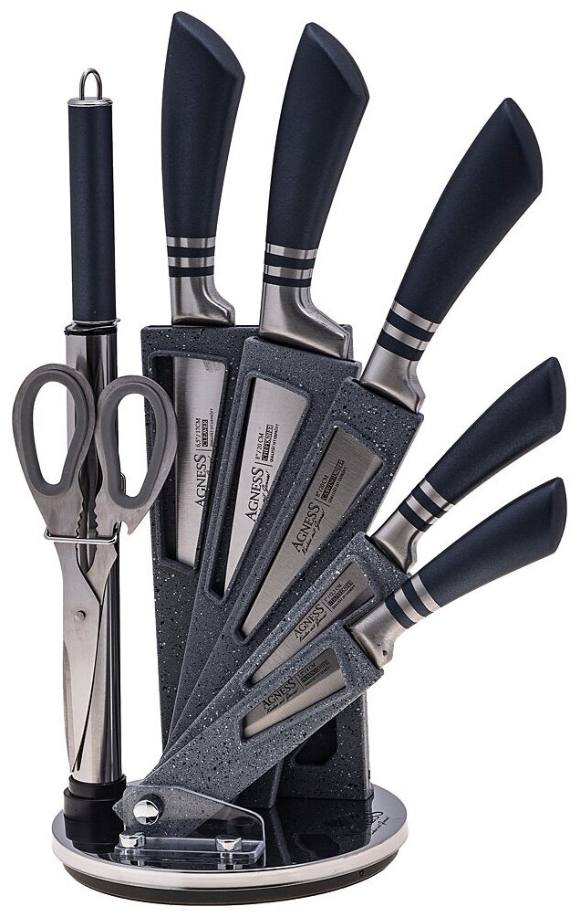 Набор ножей с ножницами и мусатом на пластиковой подставке, 8 предметов Agness (911-642)