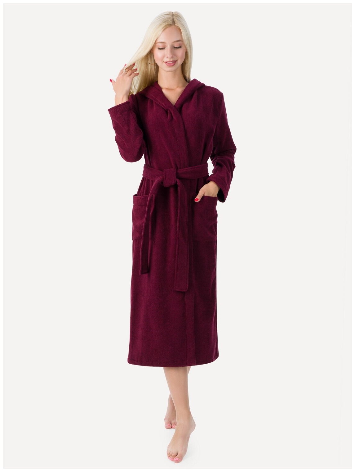 Женский халат с капюшоном, темно-бордовый - фотография № 2