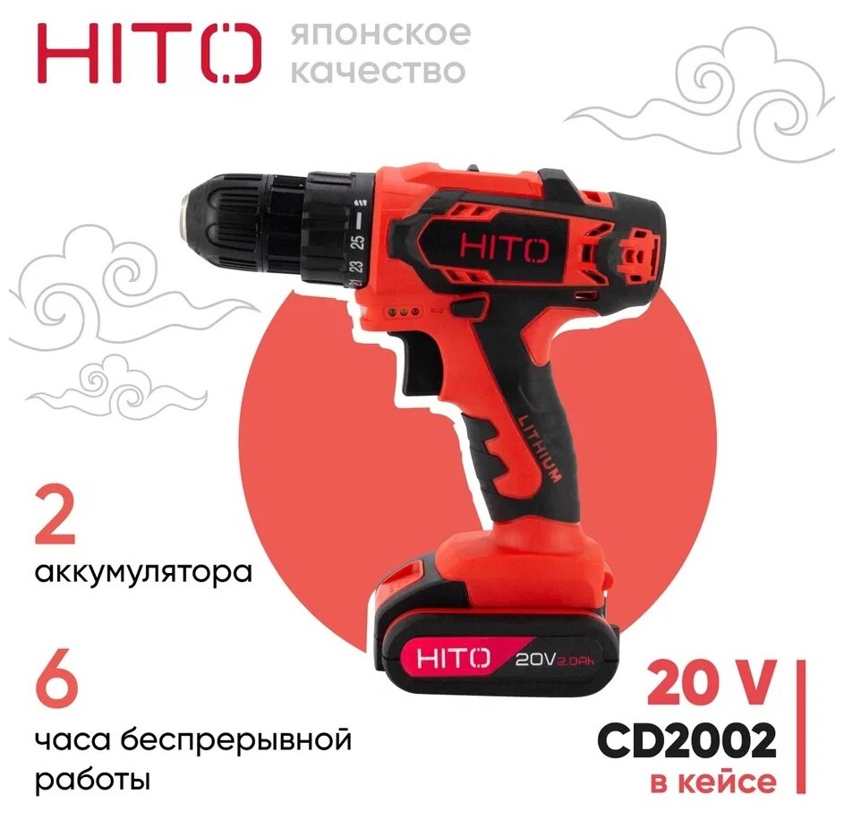 Шуруповерт аккумуляторный / дрель шуруповерт HITO CD2002 в кейсе, 34 Нм, 20 В, 2 АКБ Li-ion, 1.5 Ач, 2 скорости