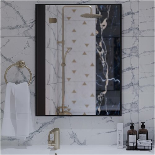 Зеркало прямоугольное в черной раме настенное 80 см х 60 см серии Merida / для ванной / гостиной/ прихожей.