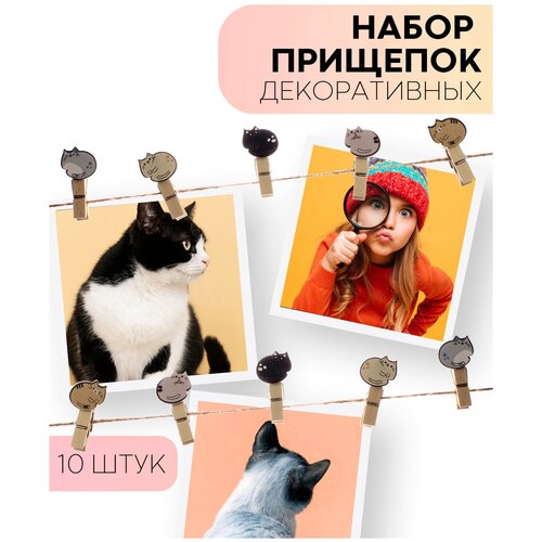 Набор декоративных прищепок для фотографий, фотосессий (маленькие деревянные прищепки для подарков, творчества, дизайн), кошки, 10 шт