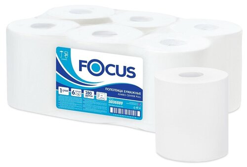 FOCUS полотенца для рук Jumbo с центральной вытяжкой, 280 м. 1 слой, белый. 6 рулонов в упаковке