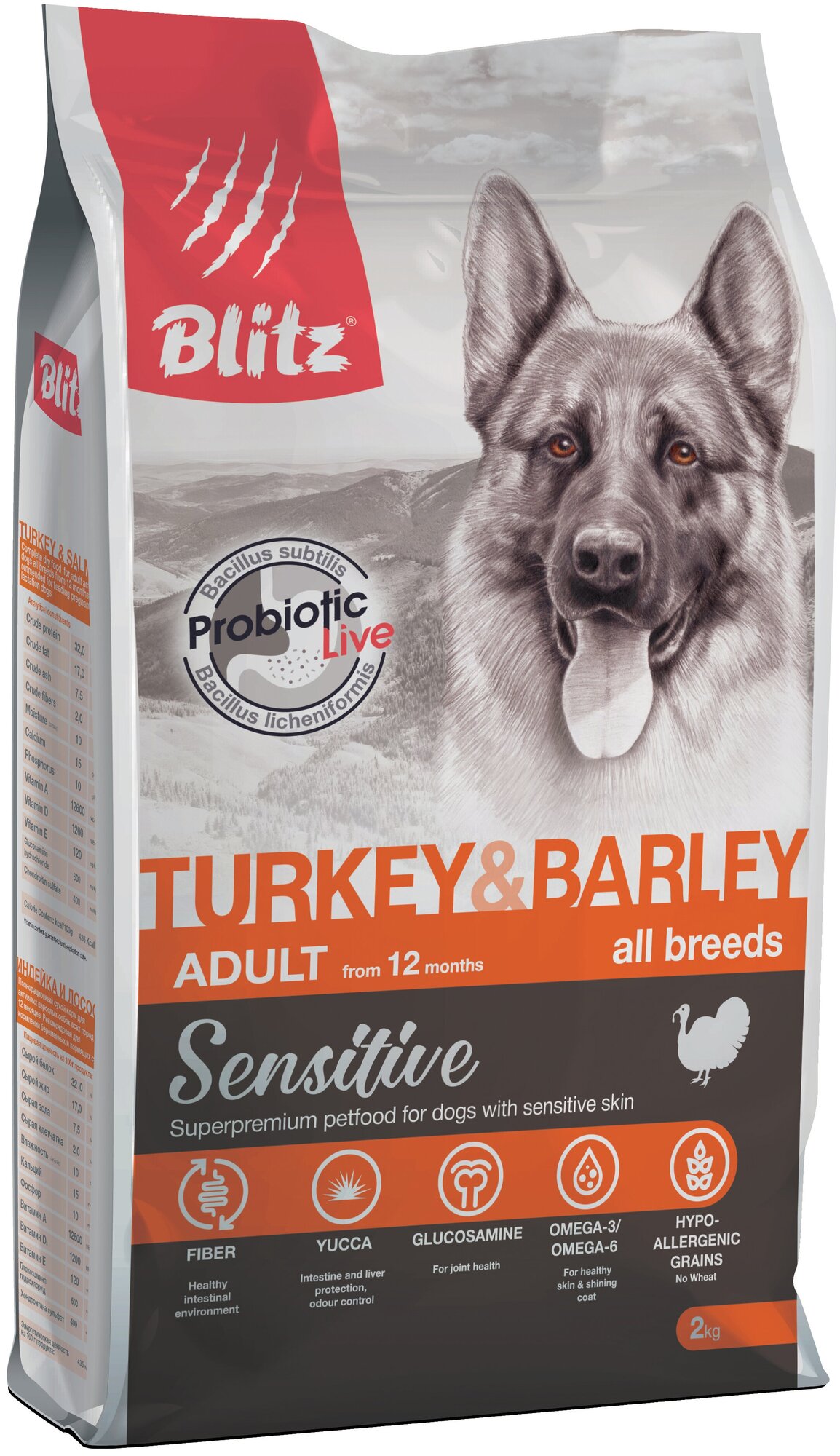 Корм Blitz Sensitive Turkey & Barley для собак, с индейкой и ячменем, 2 кг