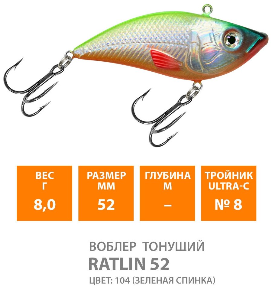 Воблер для рыбалки тонущий AQUA Ratlin 52mm 8g цвет 104