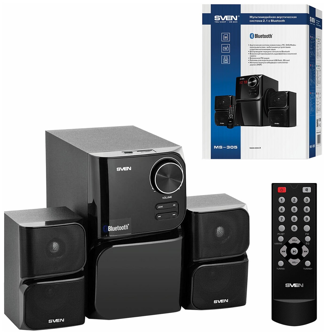 Актив.колонки 2.1 Sven MS-305 40Вт, Bluetooth, FM, SD/USB, дисплей, ПДУ, питание от сети, MDF, Black