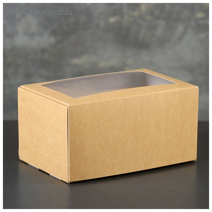 Коробка-моноблок картонная под 2 капкейка, с окном, крафт, 16x10x8 см ...