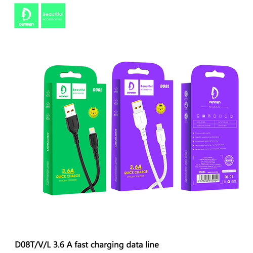 Кабель для быстрой зарядки DENMEN D08L, USB to Lightning, 3.6A, 1 м, Черный кабель usb lightning denmen d16l для apple 3 6a black