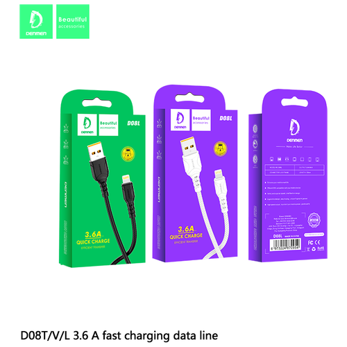 Кабель для быстрой зарядки DENMEN D08L, USB to Lightning, 3.6A, 1 м, Черный