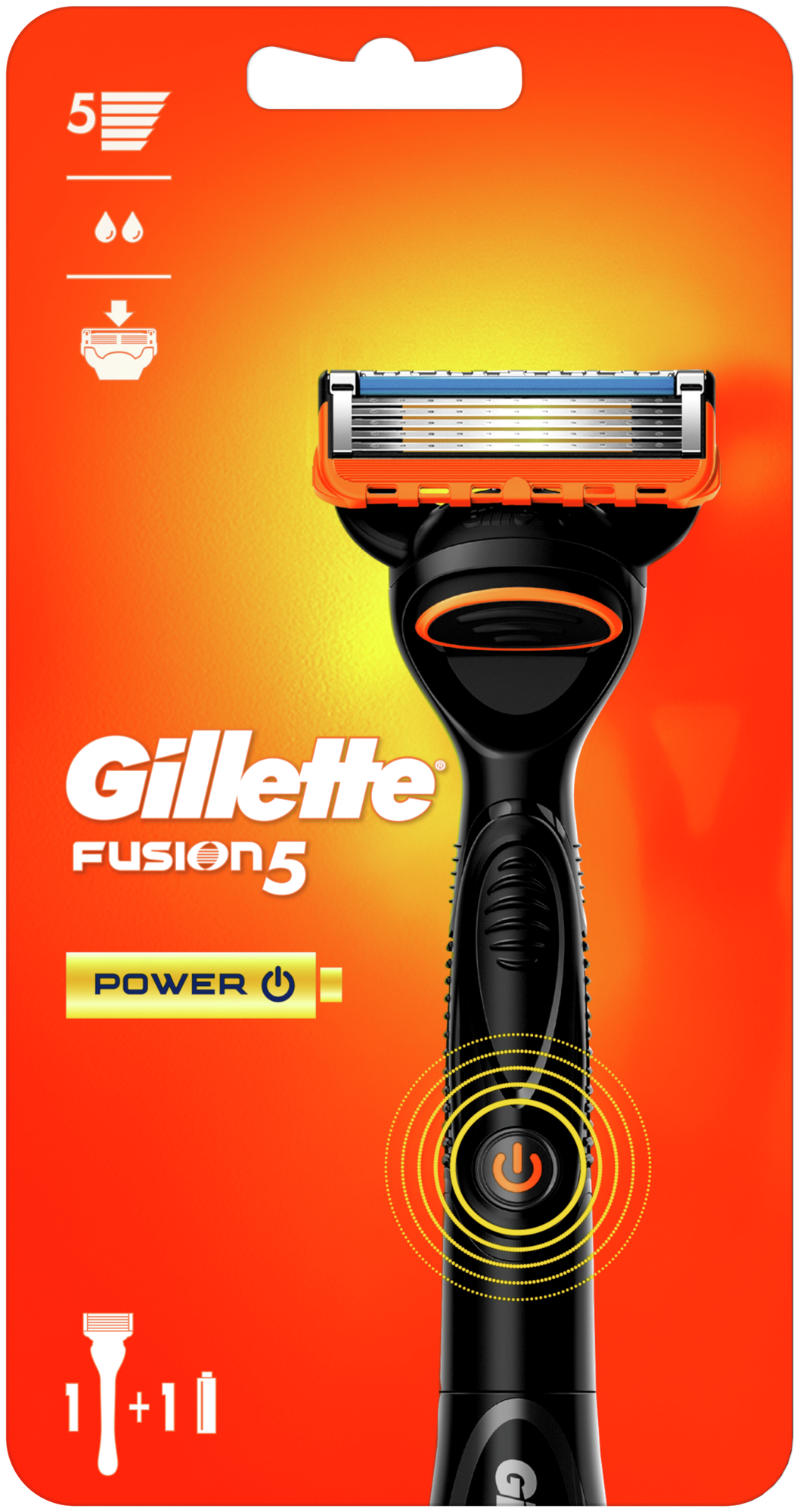 Gillette Fusion5 Power Мужская Бритва , 1 кассета, с 5 лезвиями, с уменьшающими трение лезвиями, с успокаивающими микроимпульсами