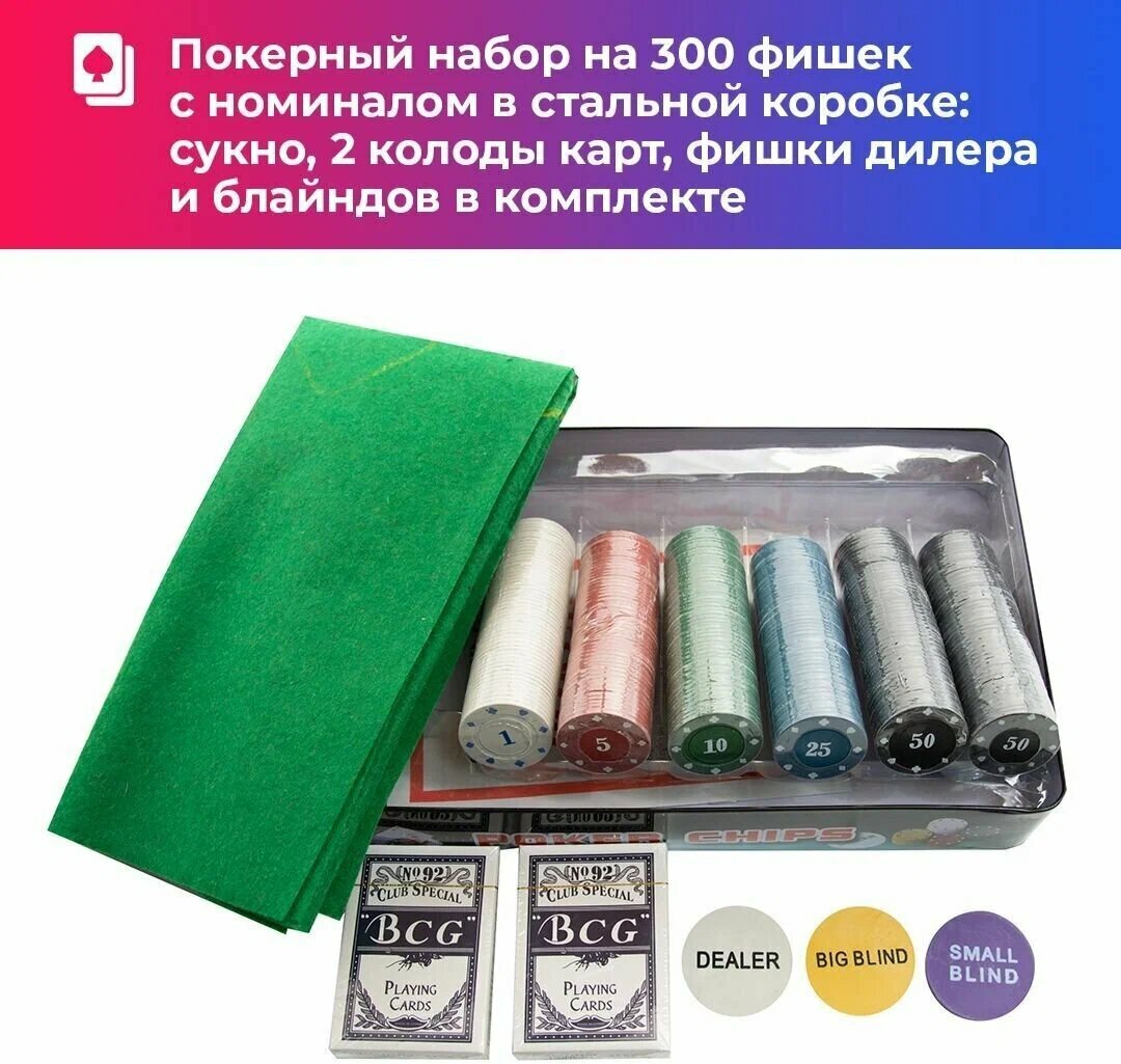 Набор для покера Poker Chips 300 фишек, с двумя колодами и подстилкой для игры