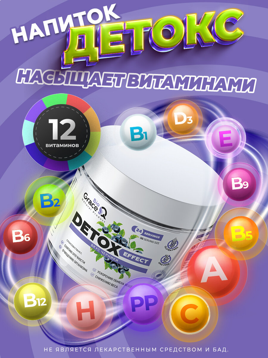 Напитки Дренажный напиток GraceBioQ для похудения и от отечности. Детокс, со вкусом Черника с таурином и витаминами, 120гр