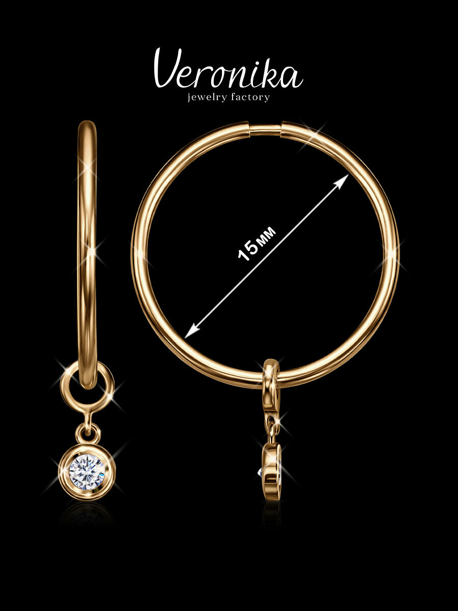 Серьги конго Veronika, серебро, 925 проба, золочение, фианит, размер 15 мм, , белый/золотистый