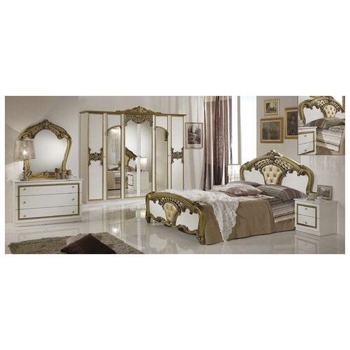 Спальный гарнитур Диа Ольга цвет: беж с золотом матовый (кровать 140х200, шкаф 6дв, тумбочки 2шт, комод с зеркалом)