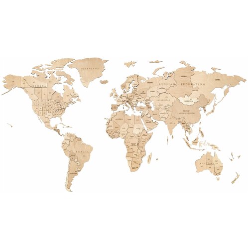 EWA Деревянная Карта Мира настенная, объемная 3 уровня, размер S (100x55 см), цвет натуральный обучающие плакаты eco wood art деревянная карта мира настенная объемная 3 уровня размер s 100x55 см
