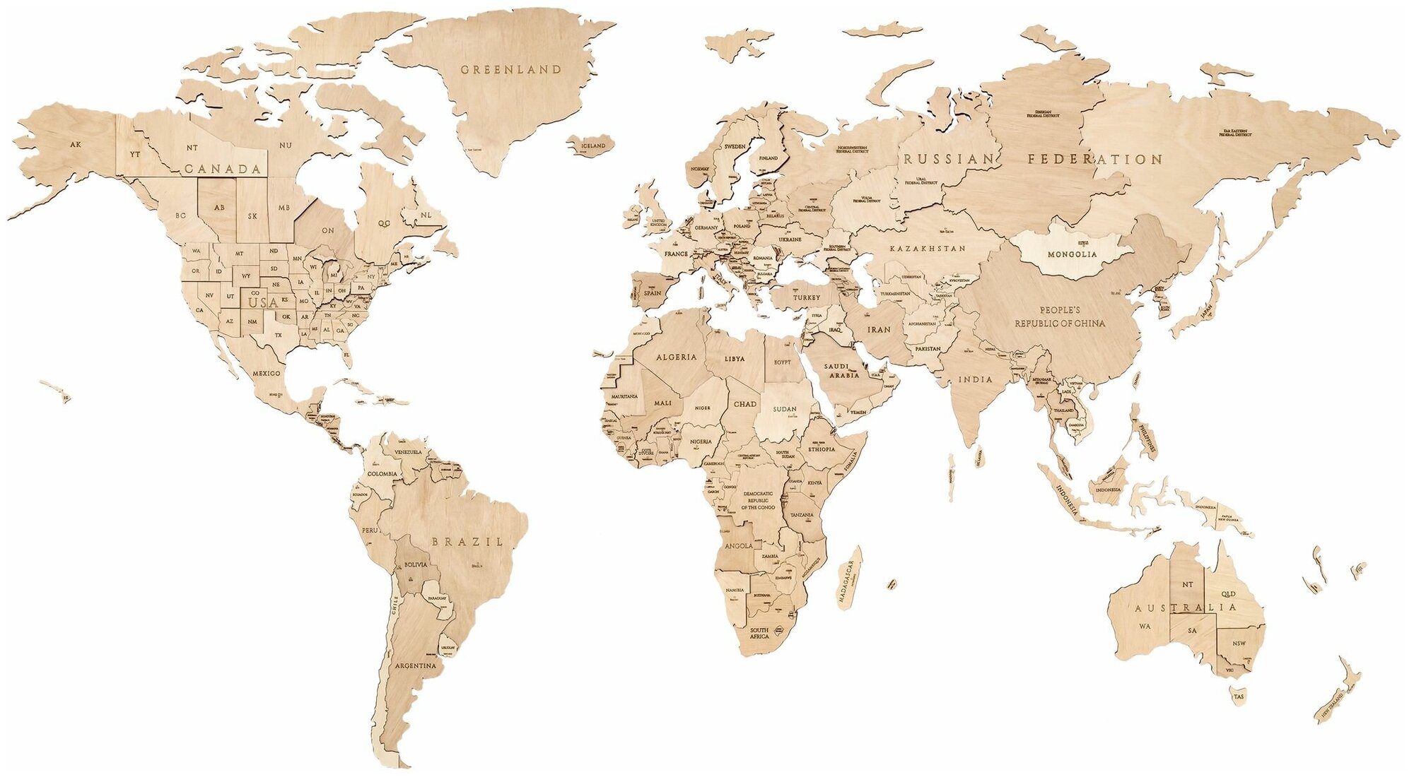 EWA Деревянная Карта Мира настенная, объемная 3 уровня, размер S (100x55 см), цвет натуральный