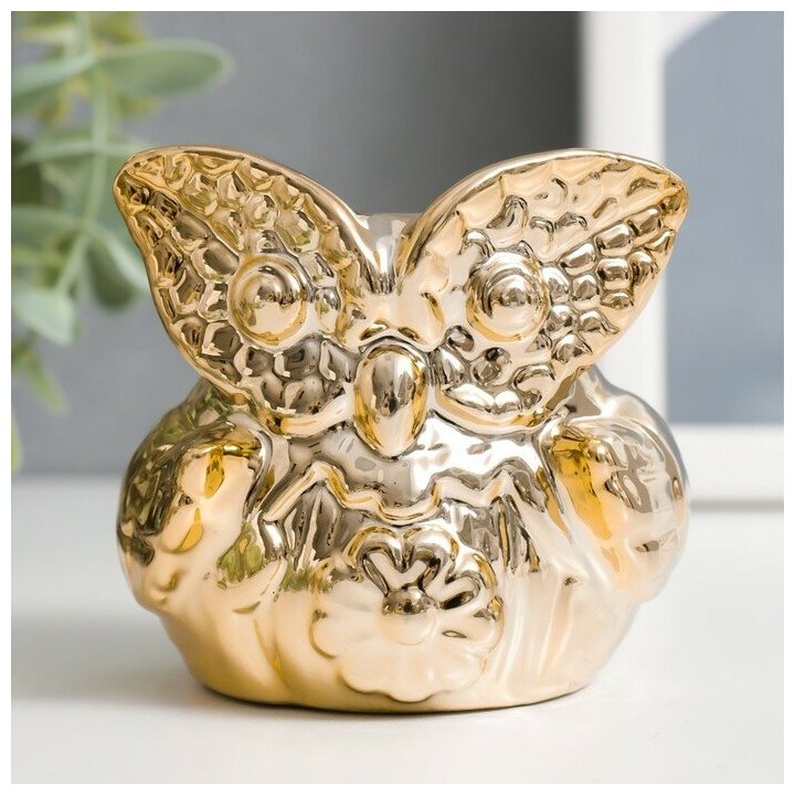 Подсвечник керамика на 1 свечу "Совёнок с ромашкой" золото 7х7х6,5 см - фотография № 1