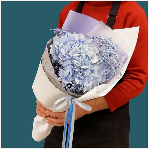 Изображение товара Букет Талисман Флоры "Голубая Лагуна", гортензия, гипсофила, бумага тишью, крафт-бумага, оберточная бумага