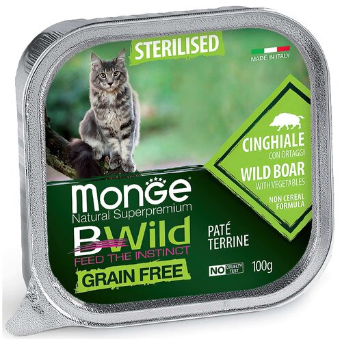 Влажный корм для стерилизованных кошек Monge BWILD Feed the Instinct, беззерновой, с кабаном, с овощами 100 г (кусочки в соусе)
