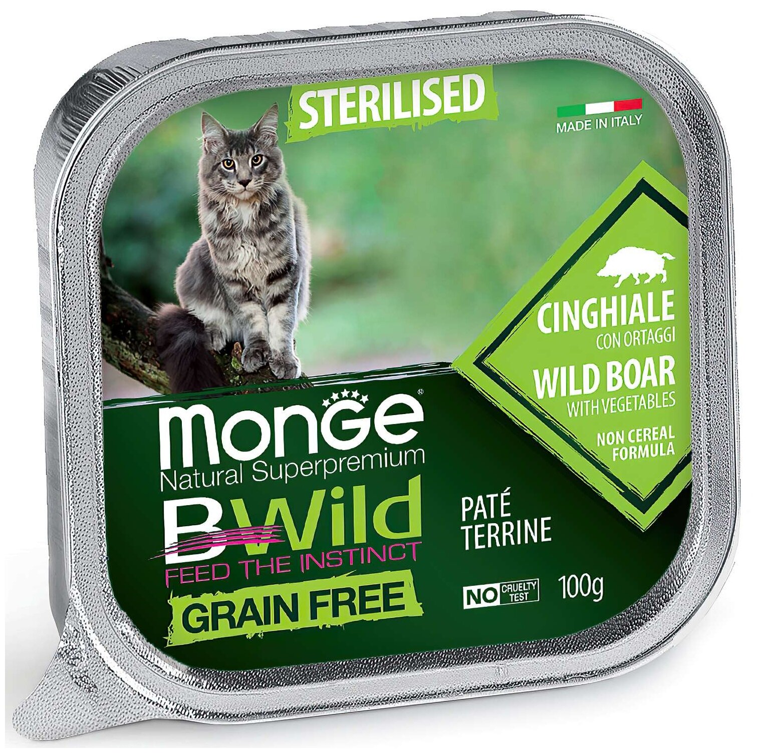 Влажный корм Monge Cat BWild GRAIN FREE для стерилизованных кошек, беззерновой, из кабана с овощами, ламистер 100 г