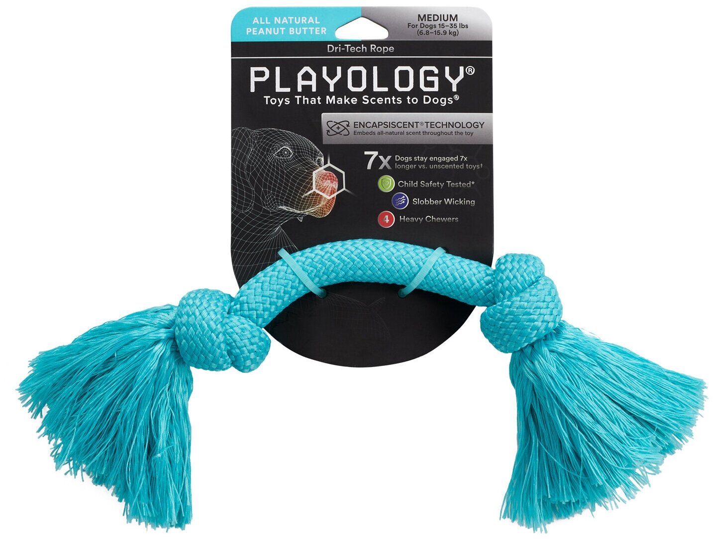 Игрушка Playology жевательный канат для собак DRI-TECH ROPE с ароматом арахиса, средний, голубой - фотография № 1