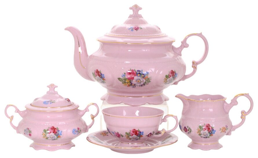 Чайный сервиз розовый Соната Букет (розовый фарфор) На 6 персон 15 предметов