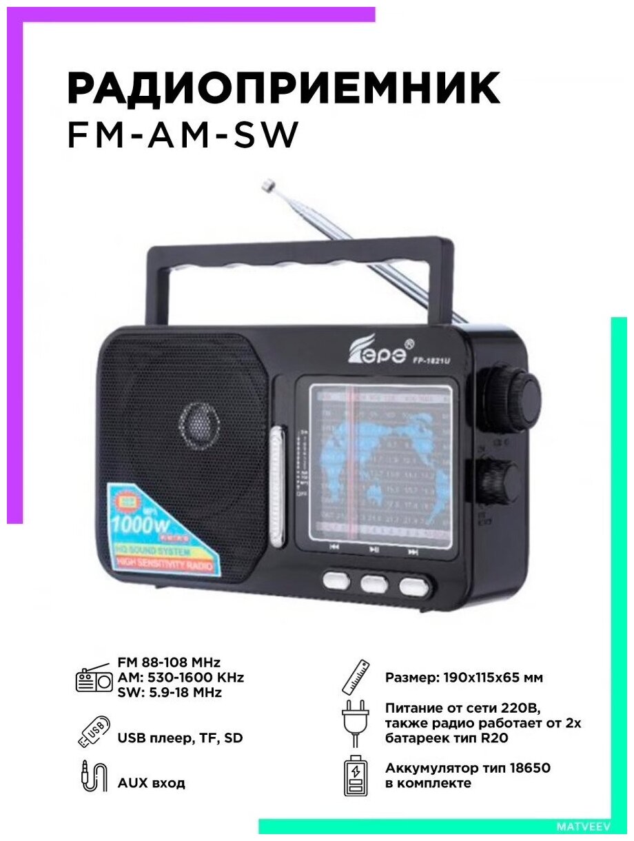 Fepe / FP-1821U Радиоприемник AM-FM-SW питание от сети 220В - Радио c MP3 плеером USB