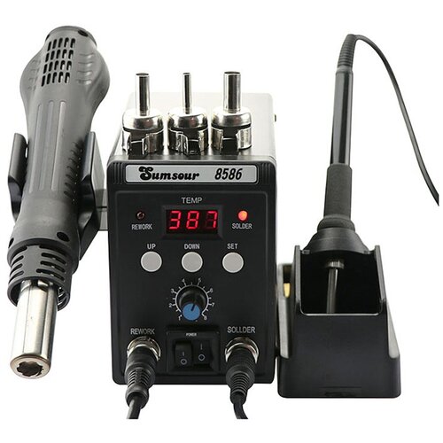 Паяльная станция термофен фен 8586 220В с феном 700Вт и паяльником 60Вт с регулировкой сменными насадками для SMD компонентов У 447700₽