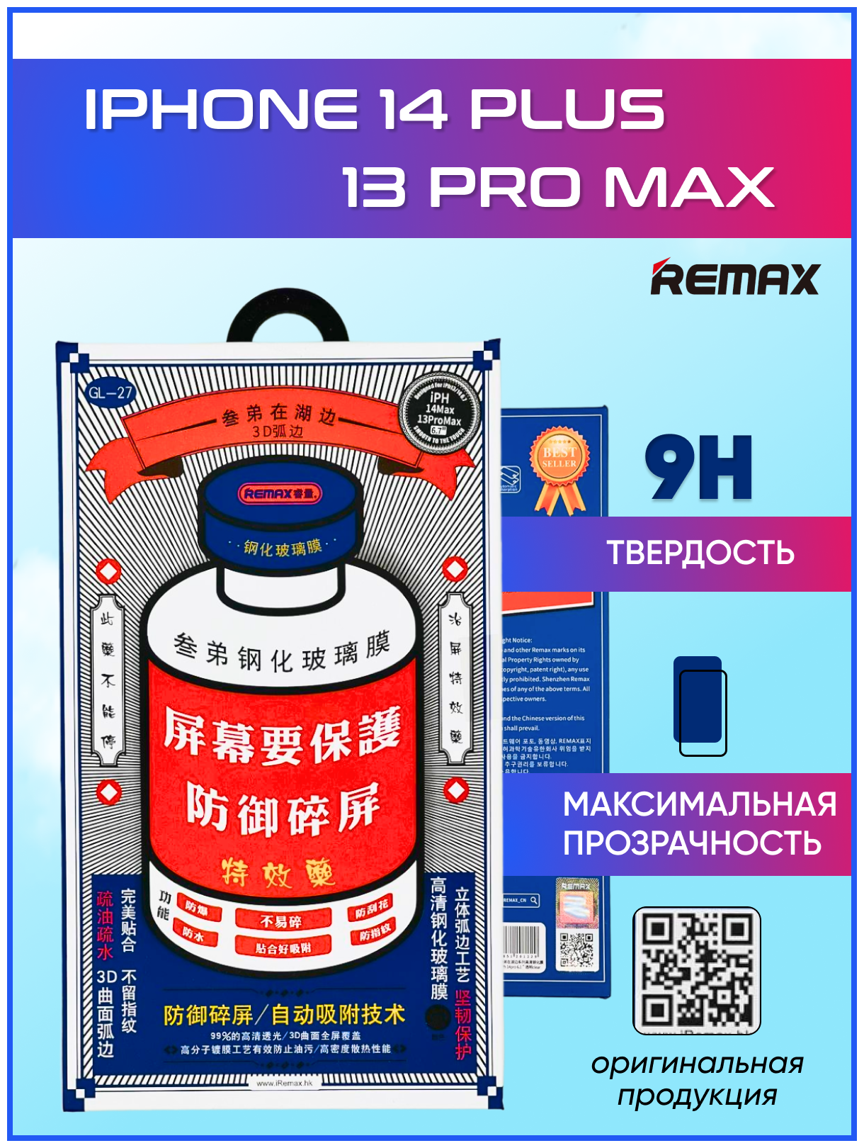 Противоударное, олеофобное защитное стекло для iphone 14 Plus / 13 Pro Max