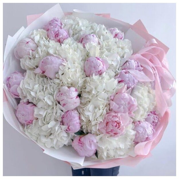 Букет Пионы розовые, гортензия белая, красивый букет цветов, пионов, шикарный, цветы премиум.