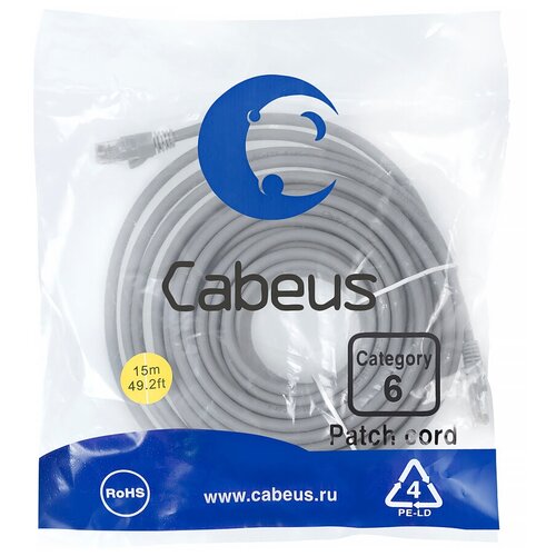 Патч-корд Cabeus PC-UTP-RJ45-Cat.6-15m-LSZH Кат.6 15 м серый кабель патч корд u utp 6 кат 10м datarex dr 201100 lszh серый
