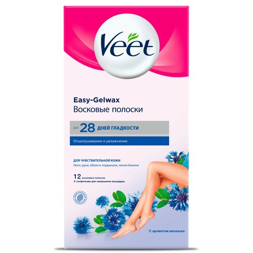 Veet восковые полоски для чувствительной кожи c технологией easy gel-wax с витамином E, миндальным маслом и ароматом василька 12шт