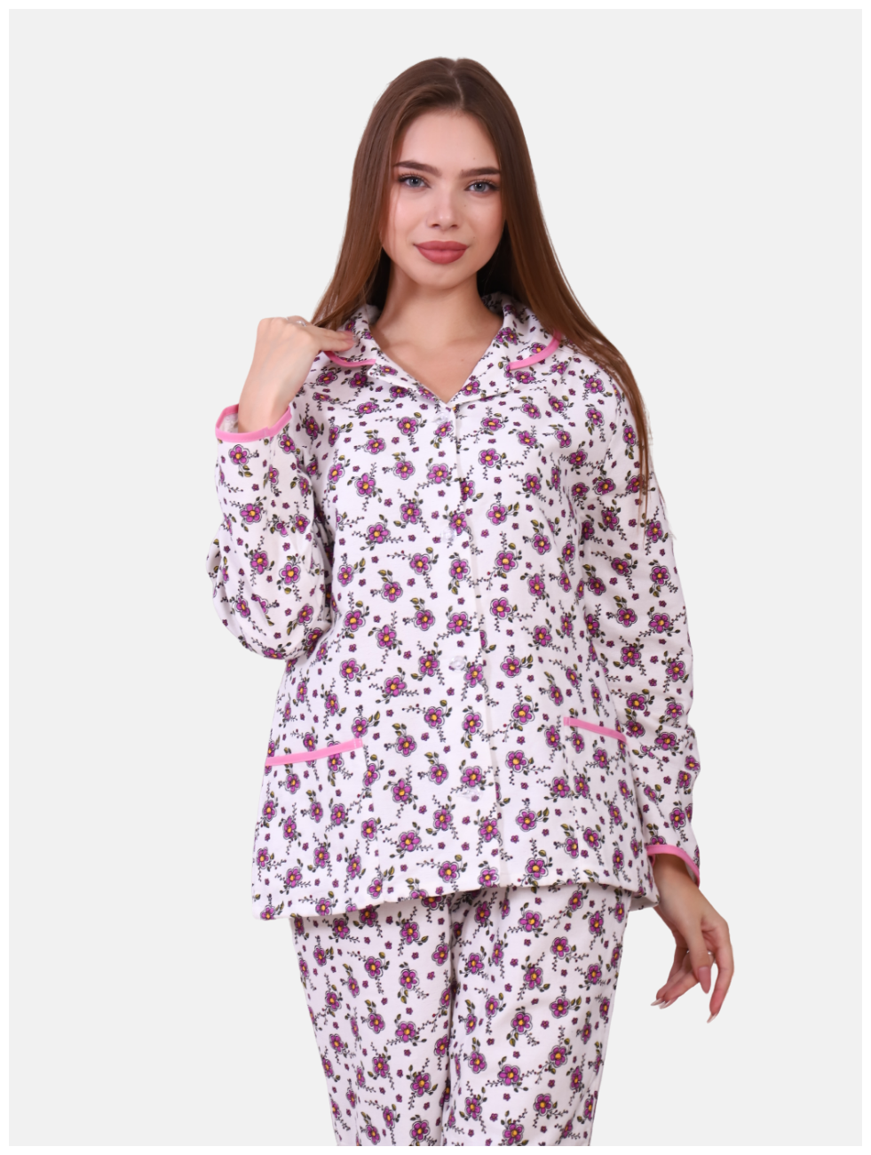 Ретро-Пижама женская с брюками теплая. Большие размеры. М-110 (розовая) 54 - фотография № 8