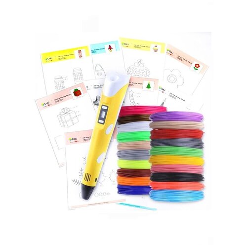 Ручка 3D с набором пластика PLA 20 рулонов по 10м и набором из 20 трафаретов, желтая