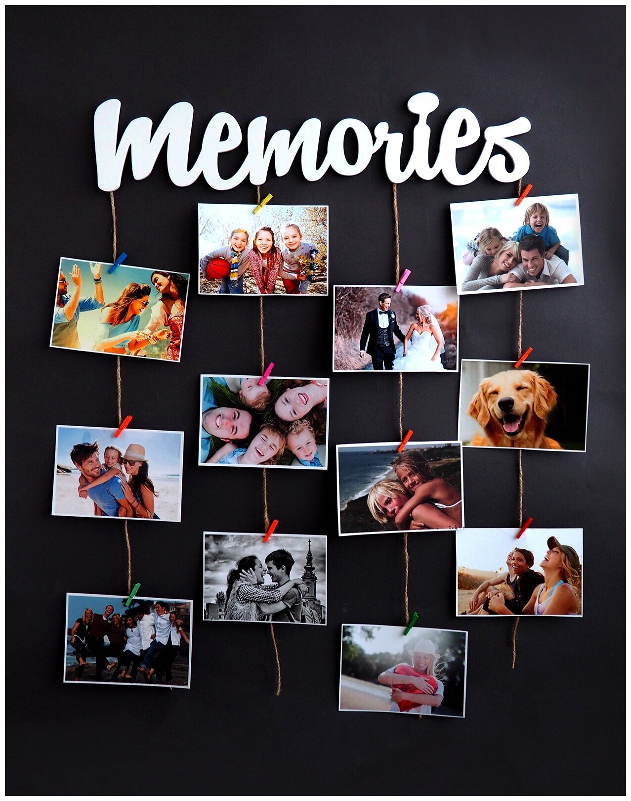 Фоторамка коллаж "Memories" на 30 фото, белый, рамка с прищепками, мудборд, мультирамка, гирдянда с прищепками, набор фоторамок, держатель для фото, семейное дерево