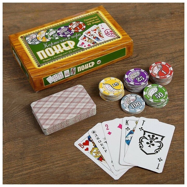 Покер, набор для игры (карты 52 листа, фишки 88 шт,)