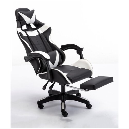 Геймерское игровое кресло (Черный с белым, Основание пластик, С подставкой для ног)