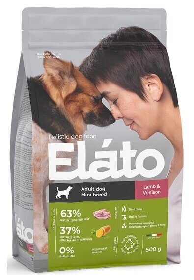 Полнорационный корм Elato для взрослых собак мелких пород Holistic с ягненком и олениной, 500 гр