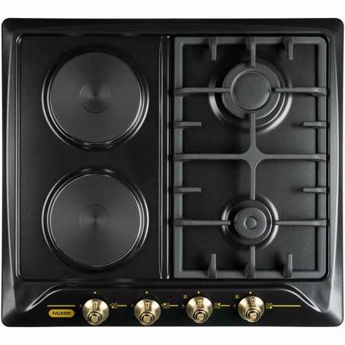 Варочная панель комбинированная 2газ 2электро автоподжиг чугунная решетка FALKEN HC-609-2 RETRO BLACK 1803500₽