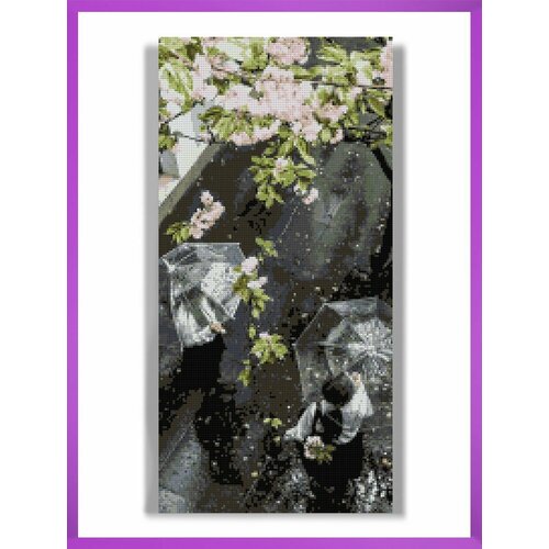 Алмазная мозаика на подрамнике - вышивка Зонтики под сакурой 30 х 60 см