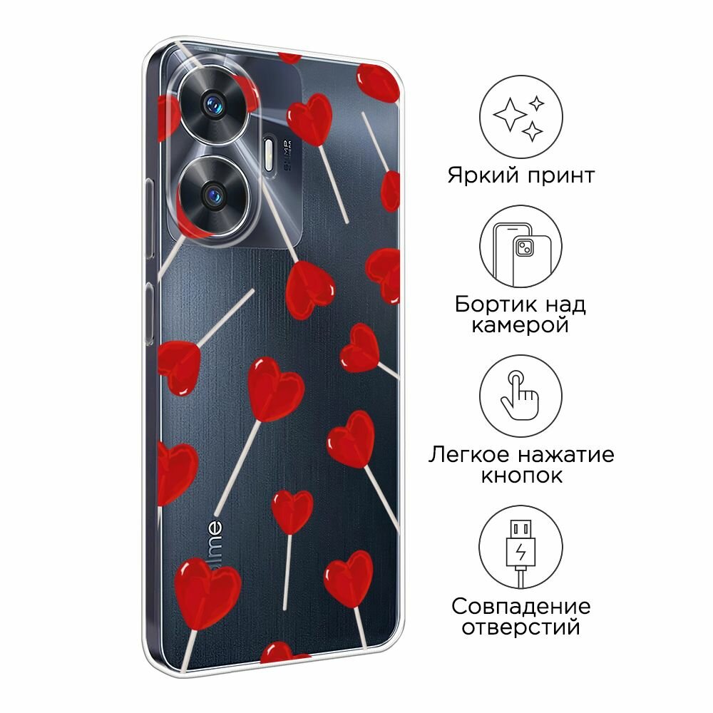 Чехол на Realme C55 / Реалми C55 с принтом "Сердечки-леденцы 2 - 14 февраля", прозрачный — фото 1